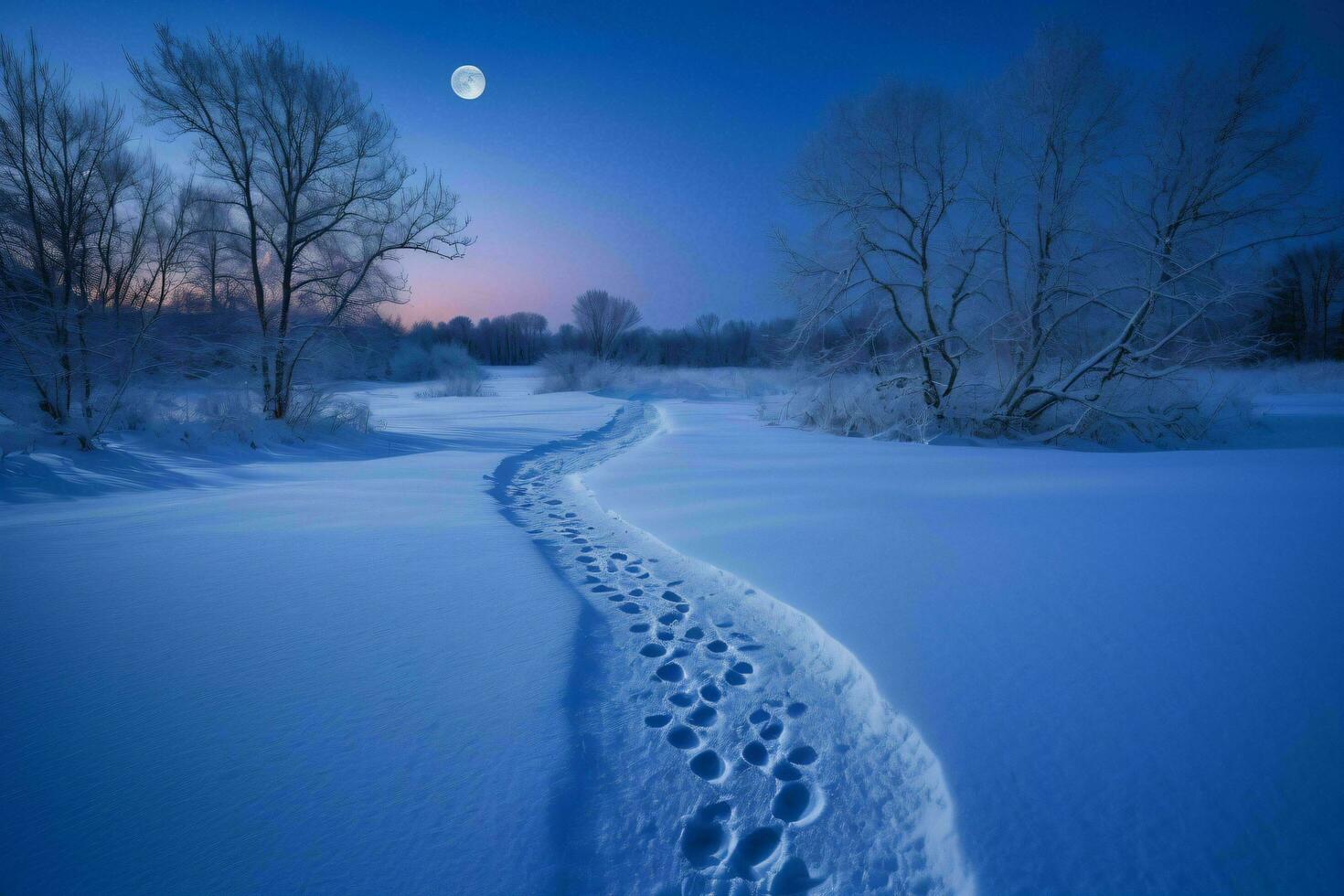 ai generado huellas en nieve a noche foto