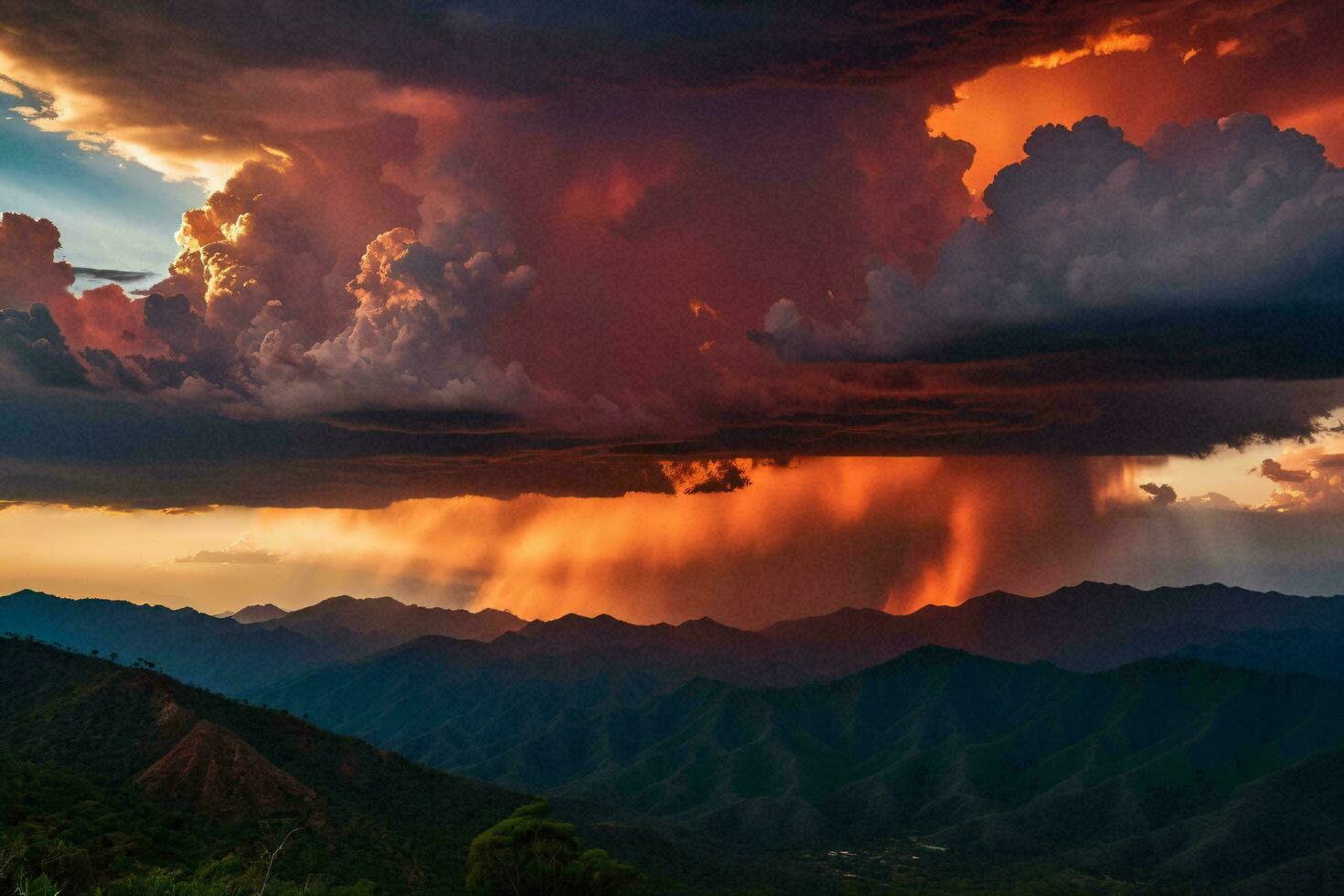 AI generated Fiery Sunset and Mountain Silhouettes photo