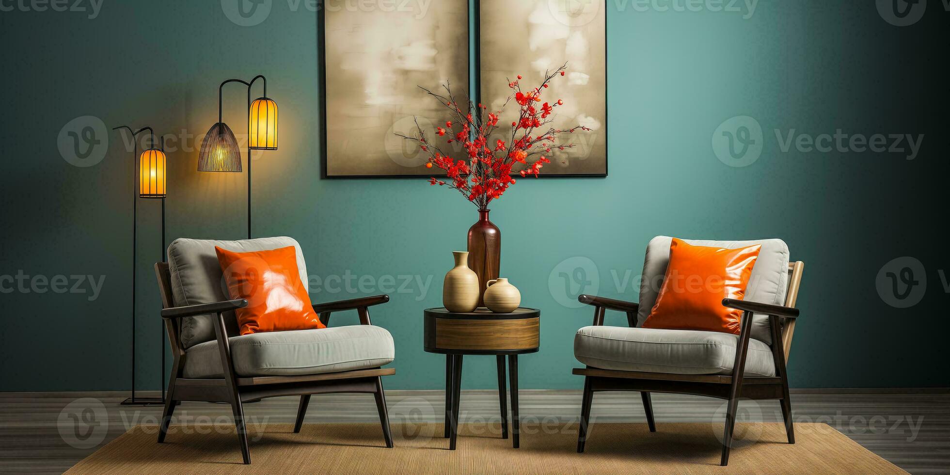 AI generated Green interior with two armchairs, coffee table and flowers. 3d render. photo