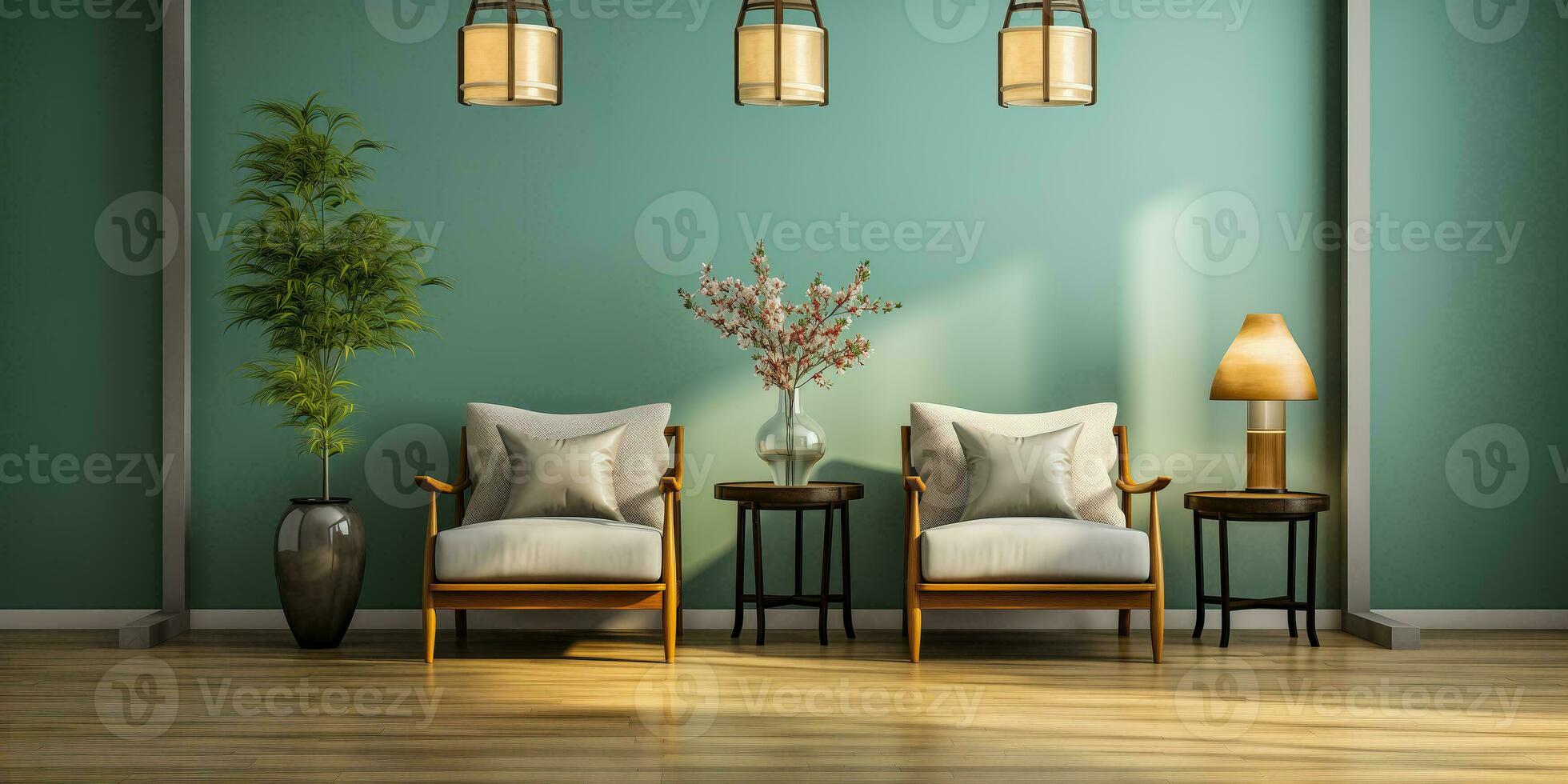 AI generated Green interior with two armchairs, coffee table and flowers. 3d render. photo