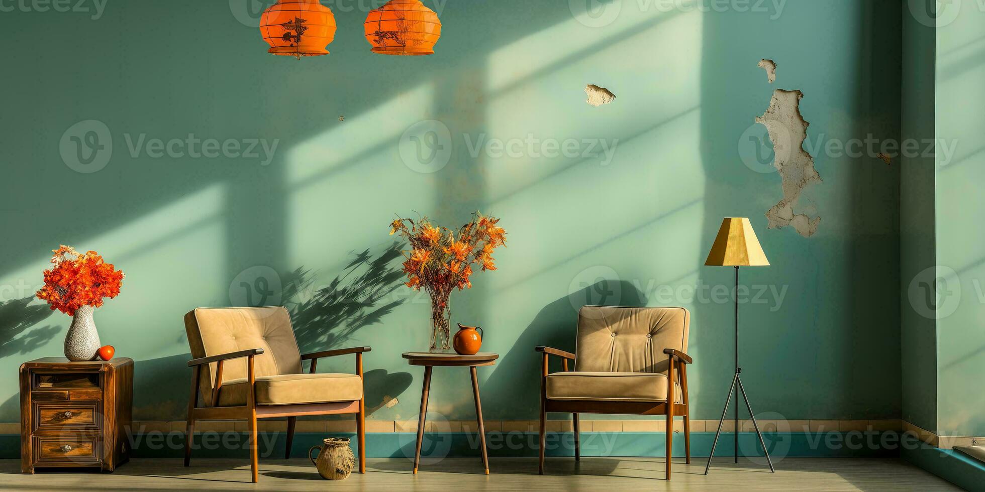 AI generated Green interior with two armchairs, coffee table and flowers. 3d render. photo