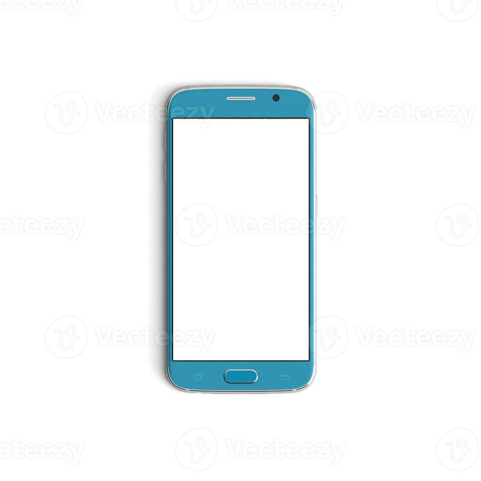 Mobile phone empty display with blank screen isolated on white background for ads - Front - Vertical - Blue photo