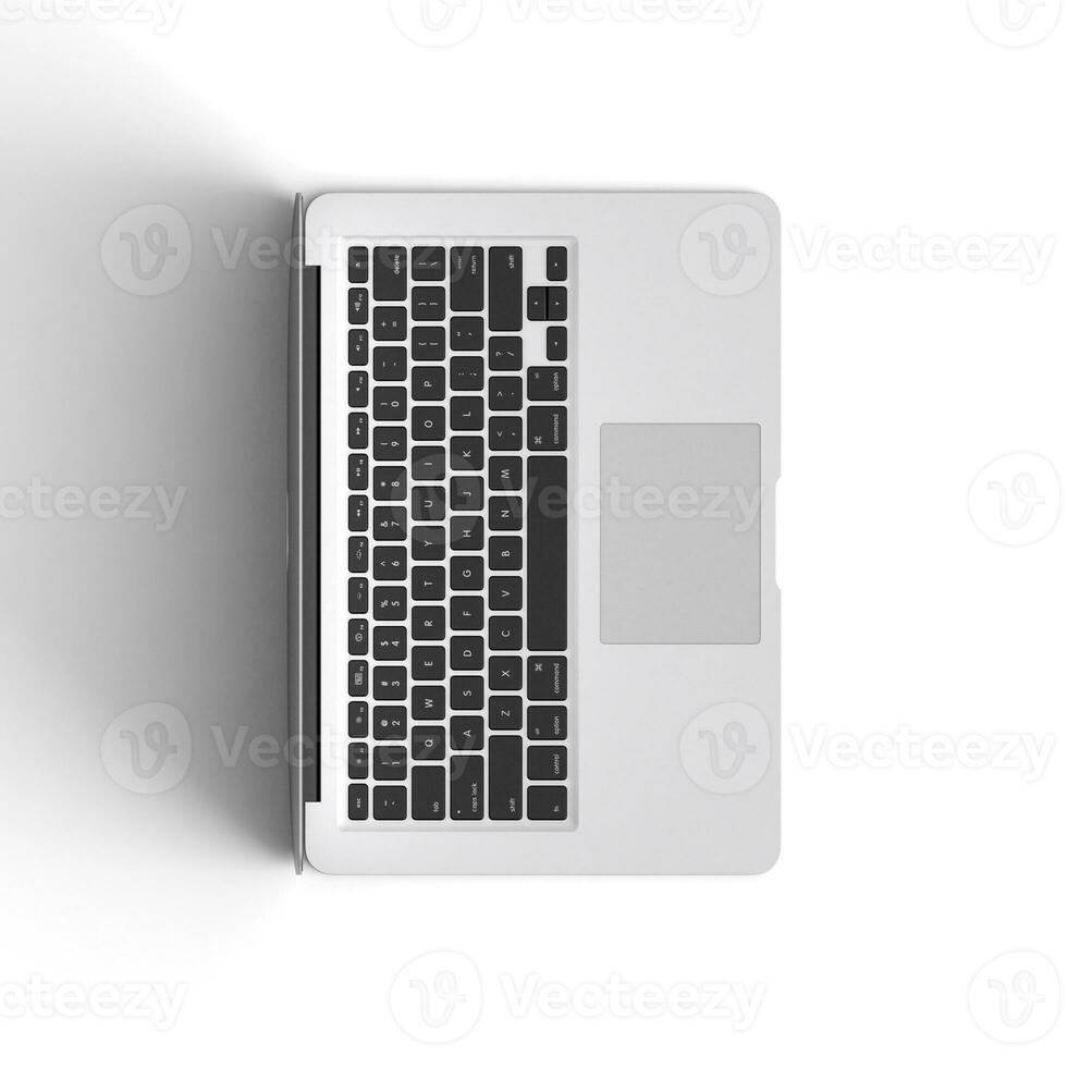 Laptop opened display with blank screen isolated on white background for ads top view image rotated photo