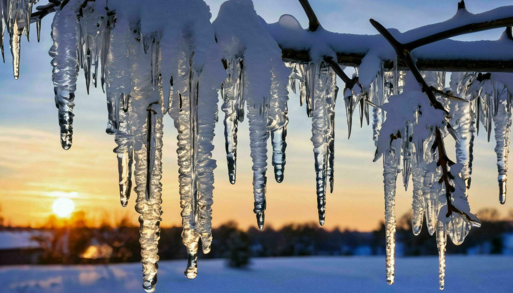 AI generated Icicles Hanging on Branch at Sunset photo