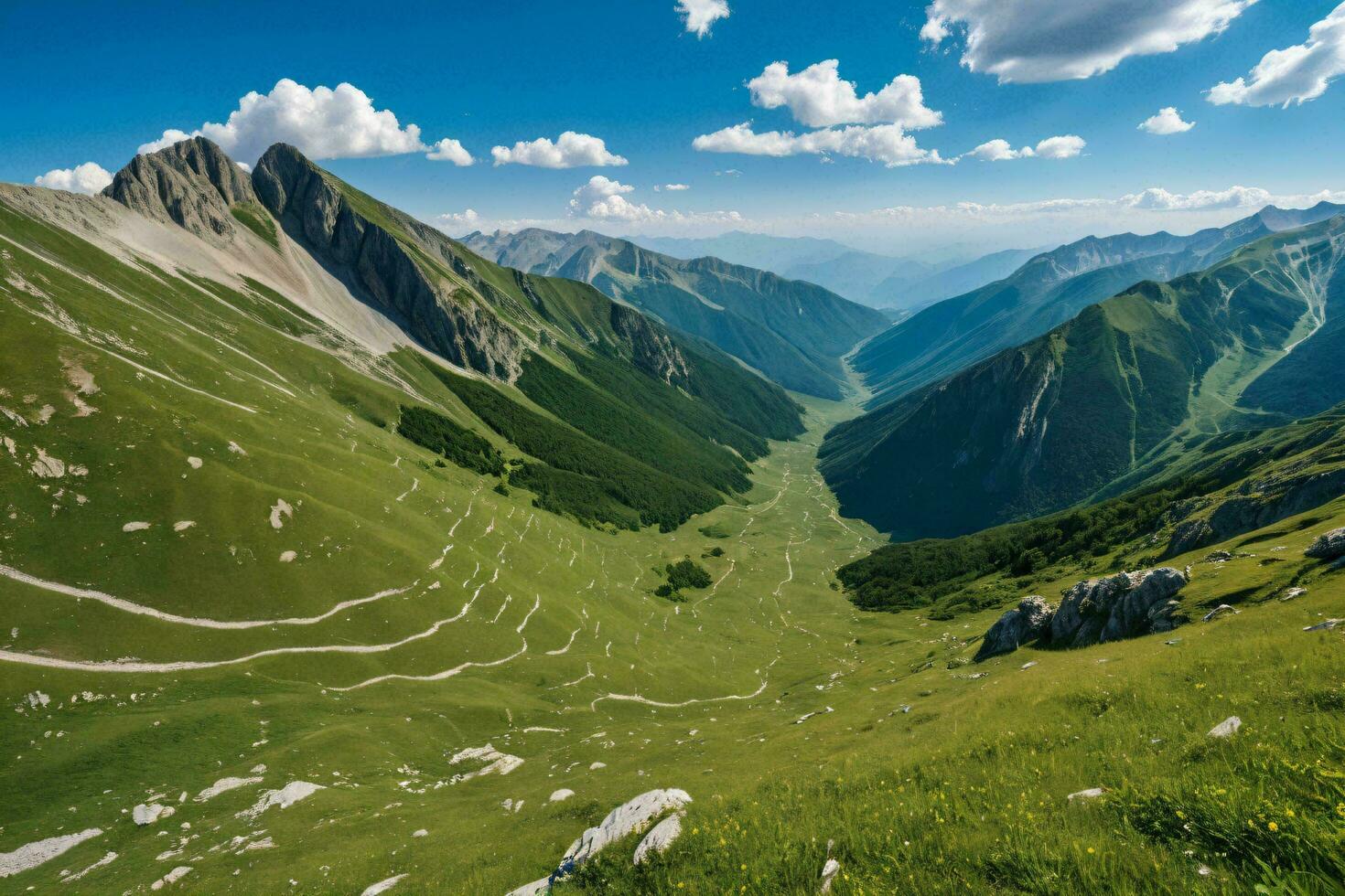 AI generated Vast Green Valley with Mountain Ridges photo