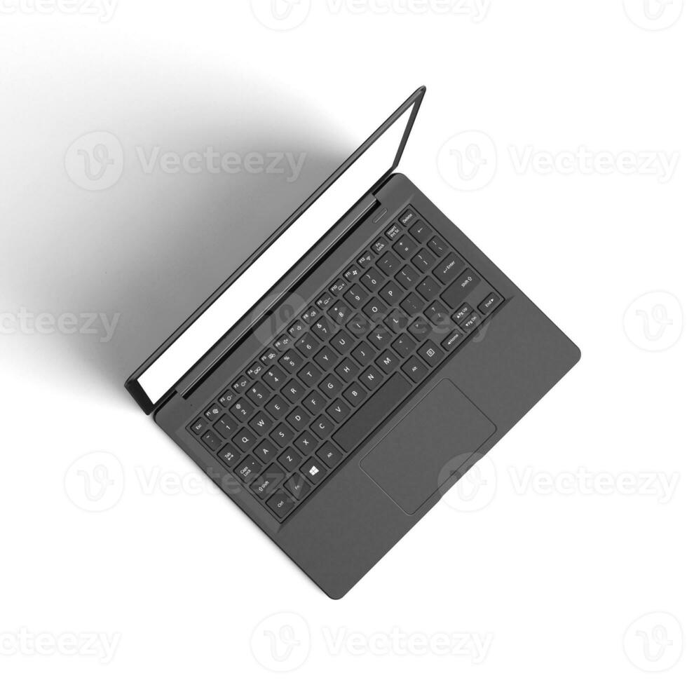 Laptop empty display with blank screen isolated on white background for ads top view right side image photo