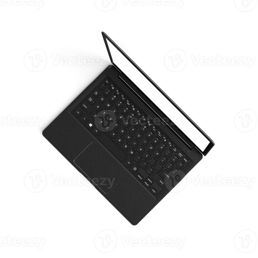 Laptop empty display with blank screen isolated on white background for ads top view left side photo