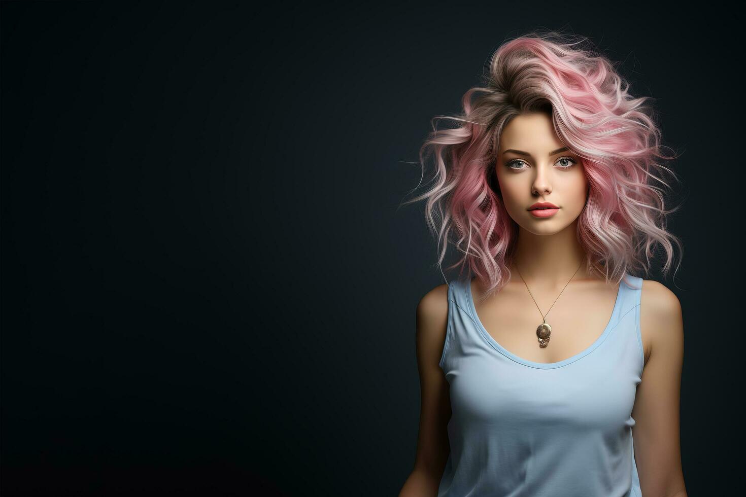 AI generated Portrait of a stylish, fashionable girl of Caucasian ethnicity wearing a T-shirt and carelessly styled hair in pastel pink color. photo
