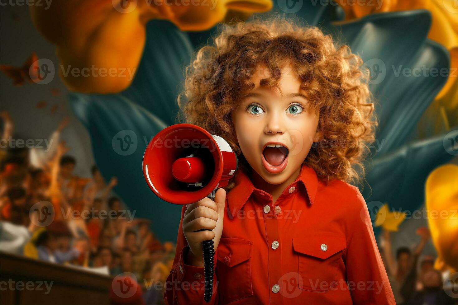 AI generated A child speaks into a loudspeaker, shouting protests. photo