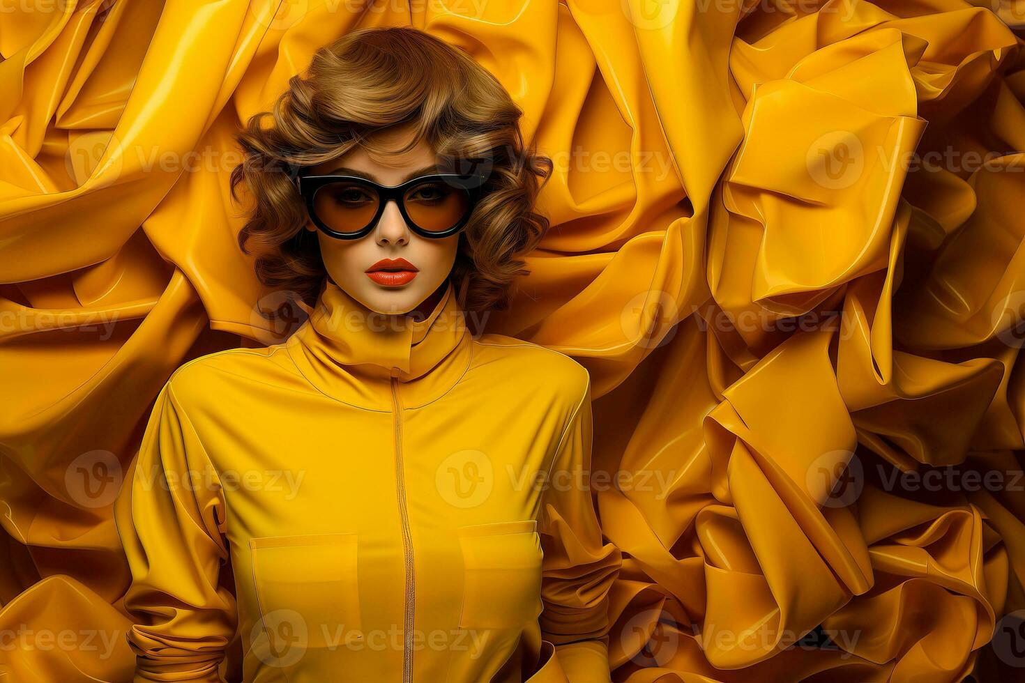 AI generated Photograph of a powerful young lady wearing yellow jacket on yellow background. photo