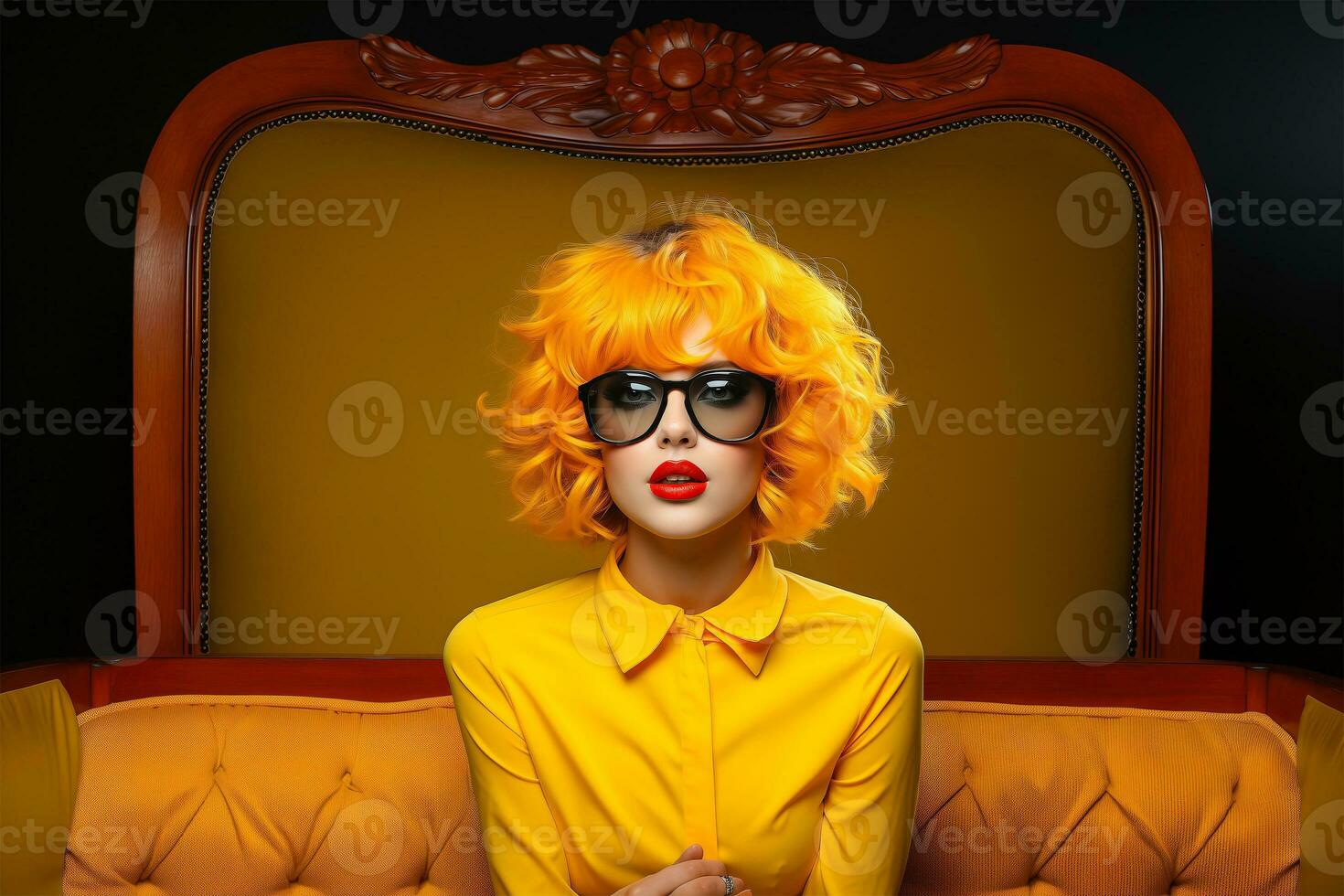 AI generated Photograph of a powerful young lady wearing yellow shirt on yellow background. photo