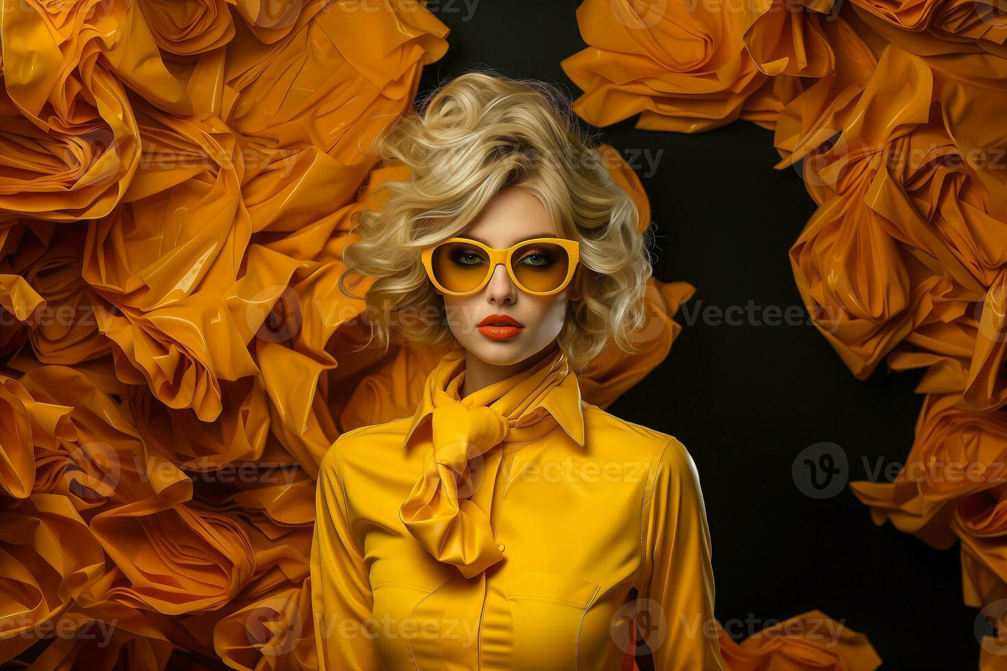 AI generated Photograph of a powerful young lady wearing yellow shirt on yellow background. photo