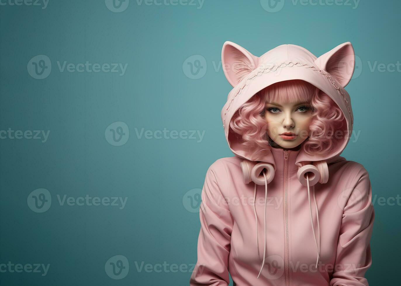 AI generated Beautiful sexy young girl in pink costume, catwoman. photo