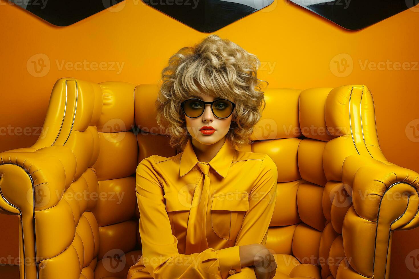 AI generated Photograph of a powerful young lady wearing yellow jacket on yellow background. photo