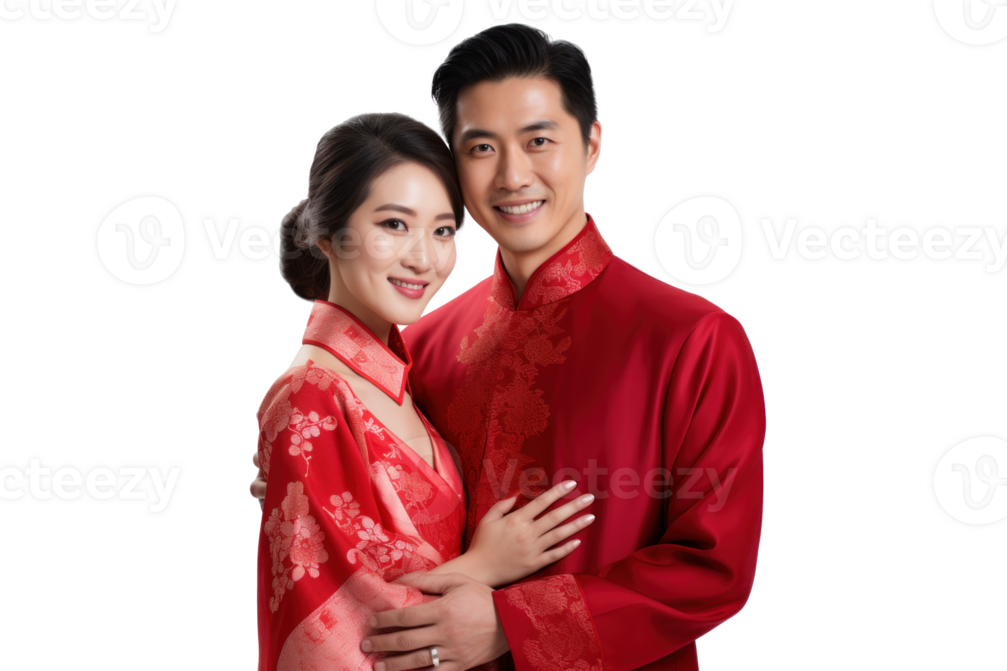 AI generated Asian Couple in Traditional Red Attire png