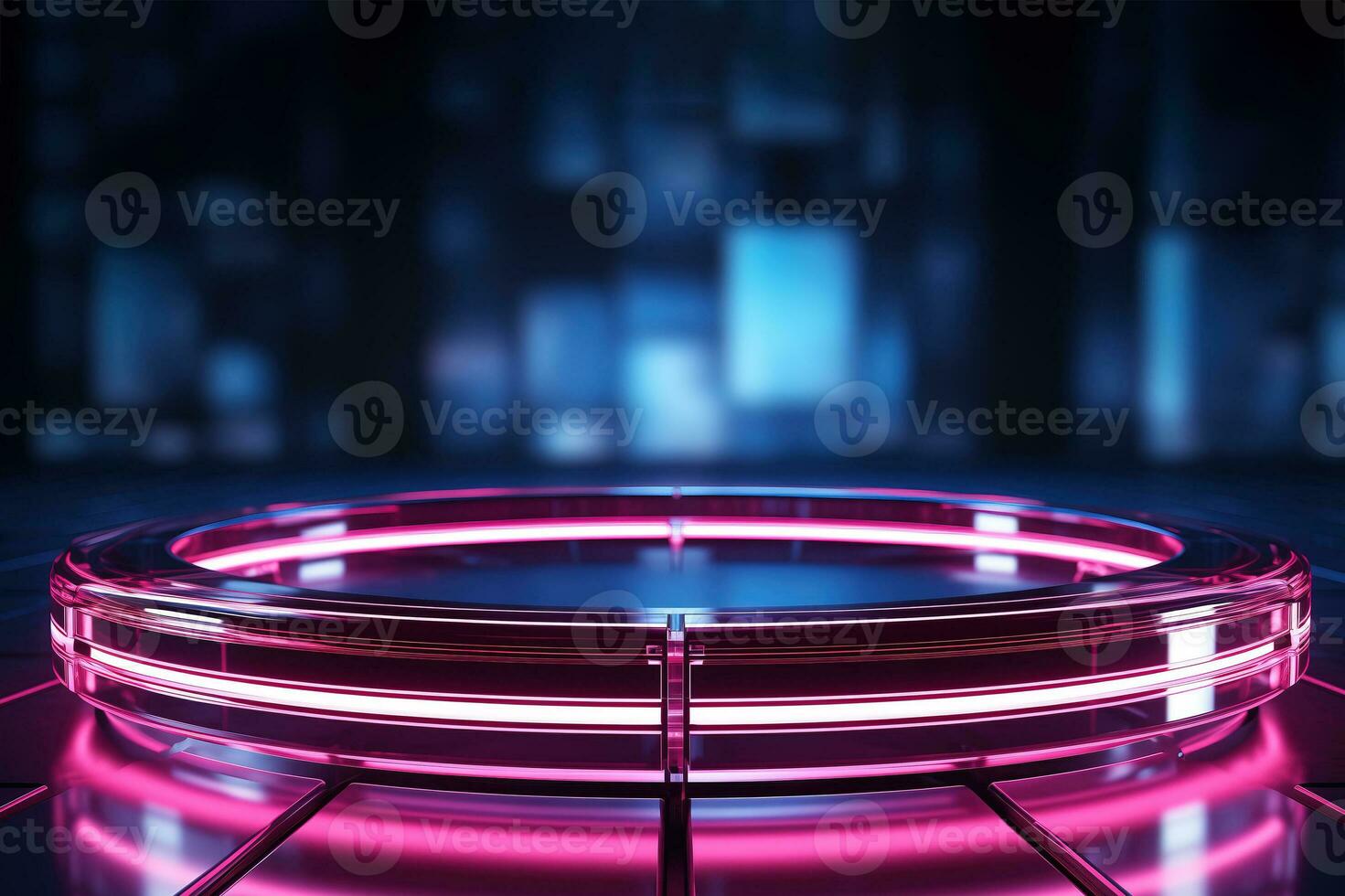AI generated Purple and pink neon podium, pedestal. photo