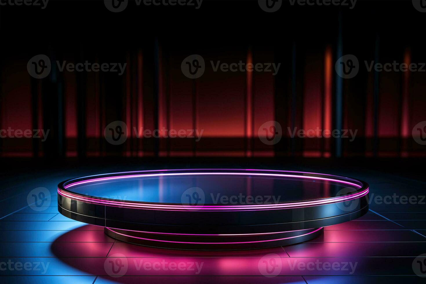 AI generated Purple and pink neon podium, pedestal. photo