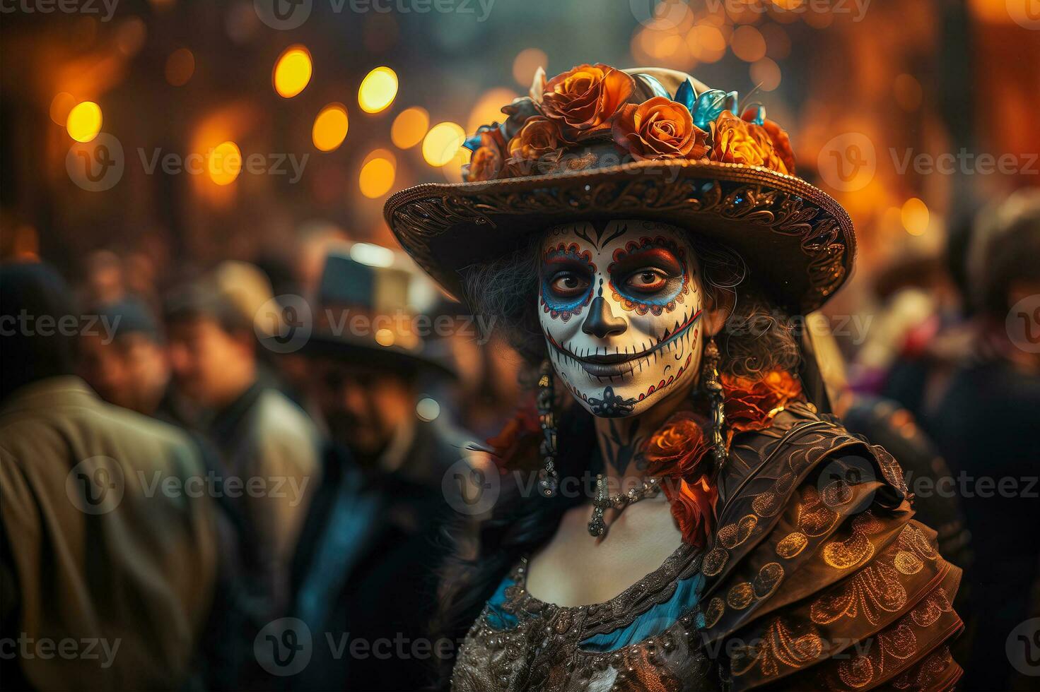 AI generated Close-up of a young woman with makeup at the Day of the Dead celebration. photo