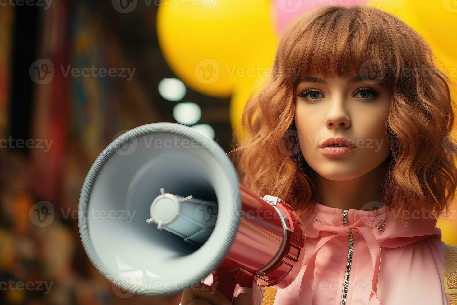 AI generated Portrait of a blonde girl with a megaphone. photo