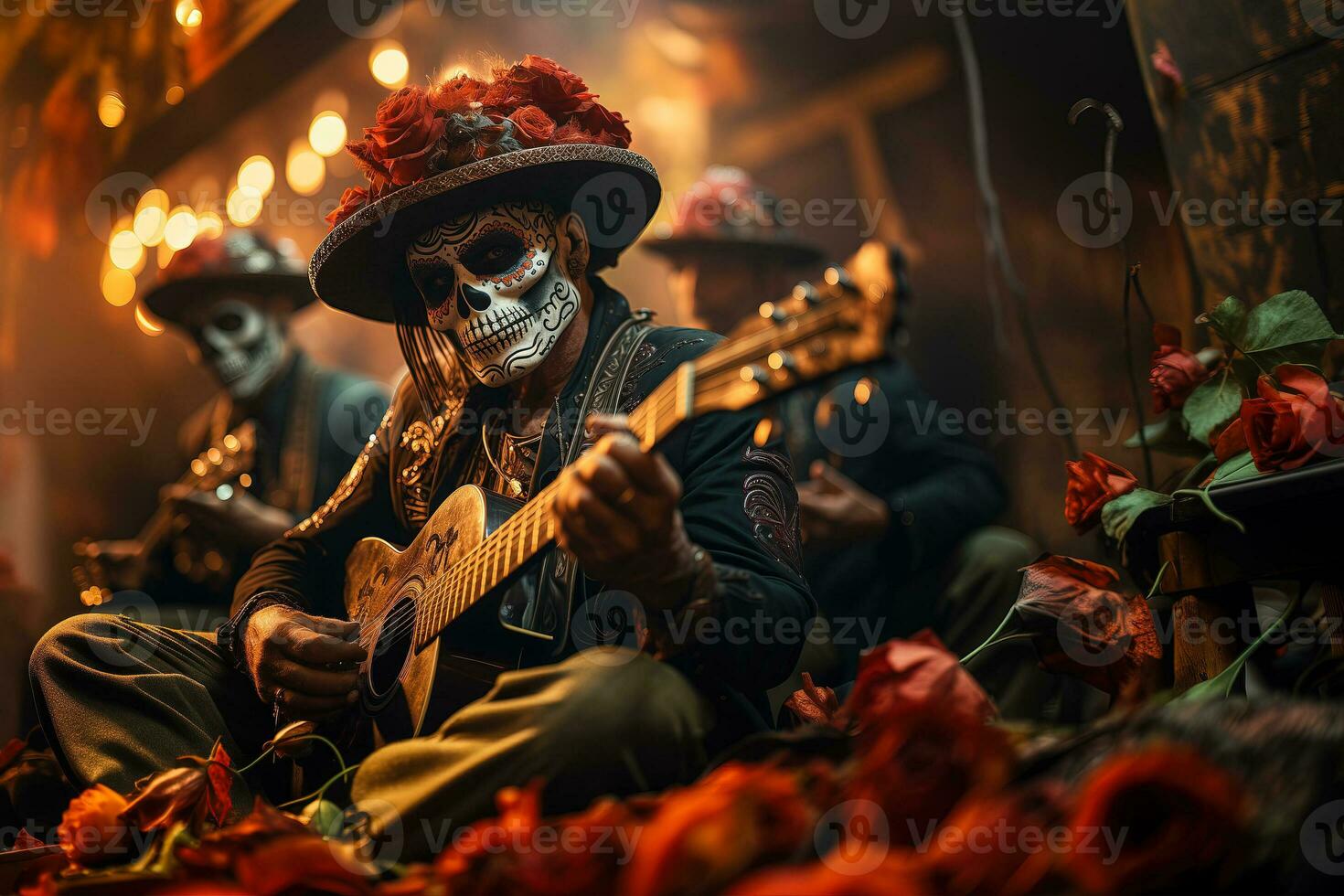 AI generated Close-up of a young man with makeup and guitar at a Day of the Dead celebration. photo