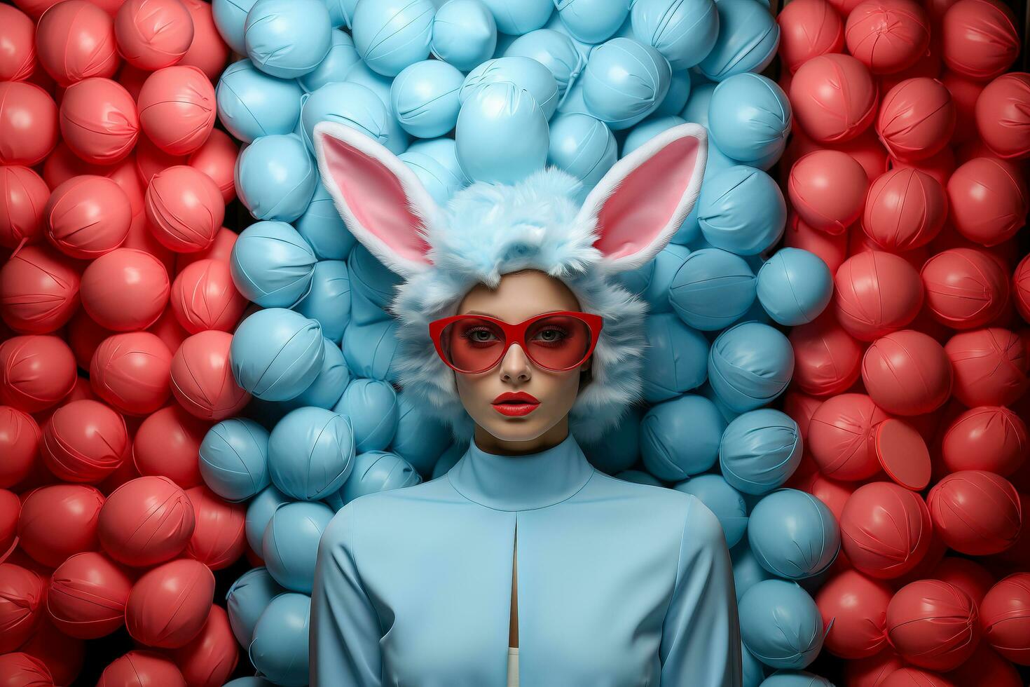 AI generated Woman wearing bunny ears on blue background. photo