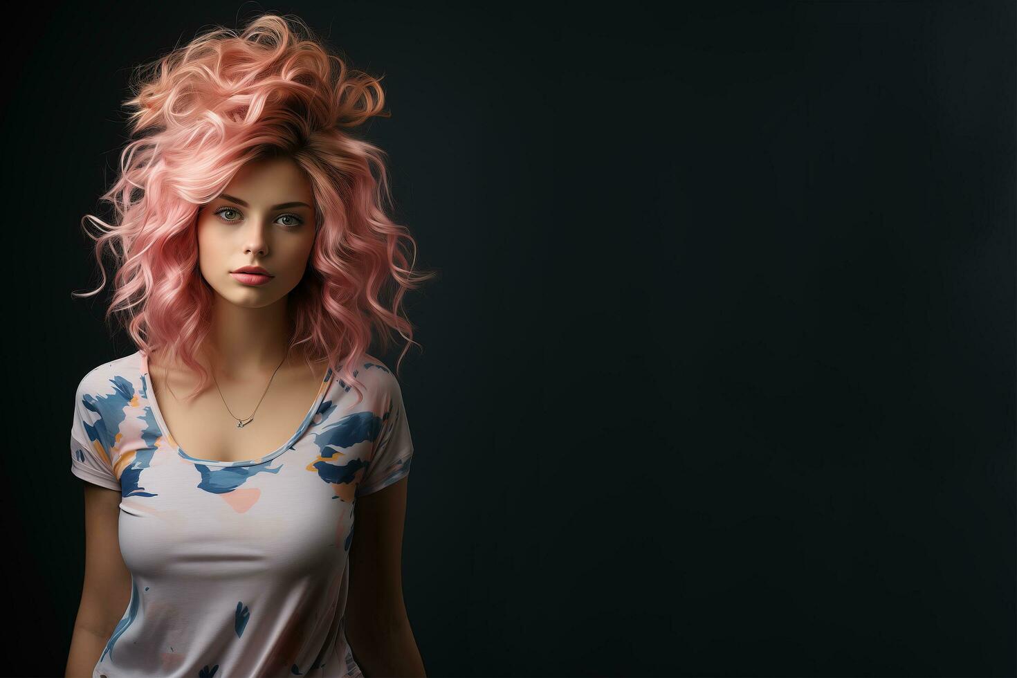 AI generated Portrait of a stylish, fashionable girl of Caucasian ethnicity wearing a T-shirt and carelessly styled hair in pastel pink color. photo