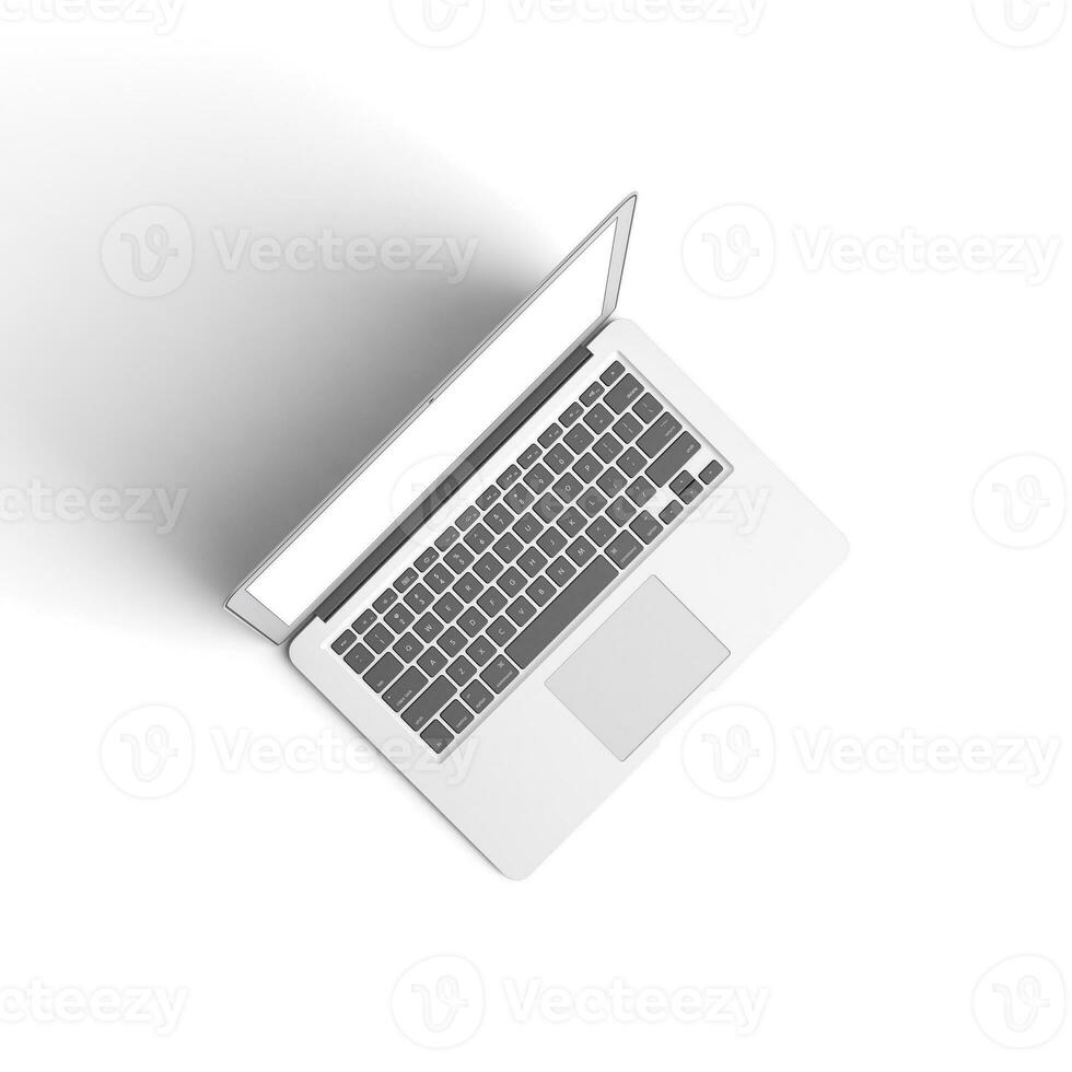 Laptop open display with blank screen isolated on white background for ads top view right photo