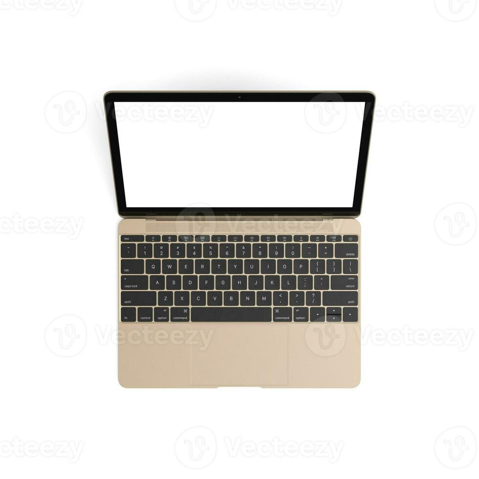 Open Laptop empty display with blank screen isolated on white background for ads top view from right side book photo