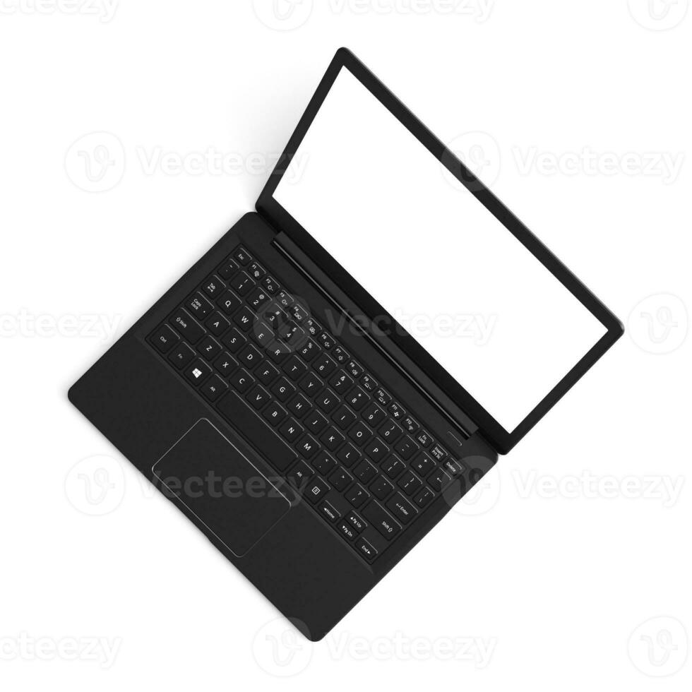 Laptop empty display with blank screen isolated on white background for ads top view left side area photo