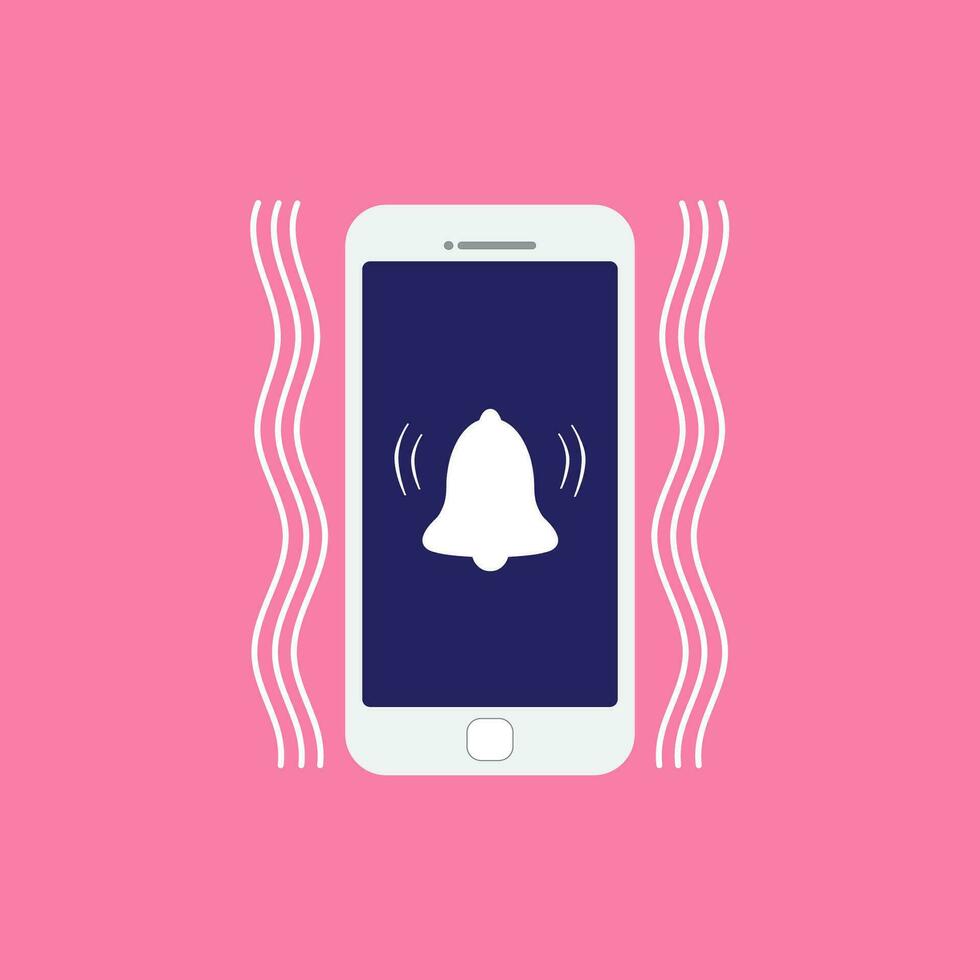 Illustration of mobile phone, gadget in flat style with alarm bell on pink background. vector