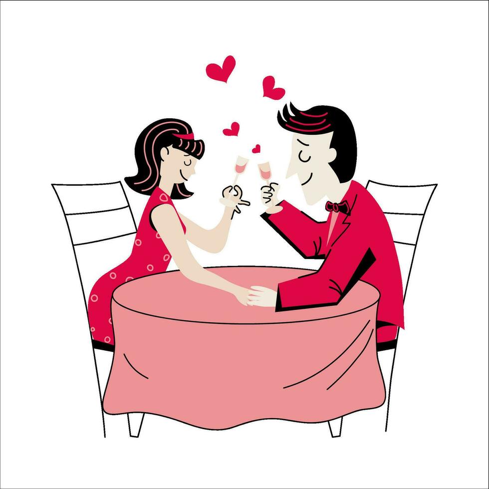 A couple in love at a party at a retro style table with a heart in the background. Minimalism. Template for congratulations, invitation, banner, poster. vector