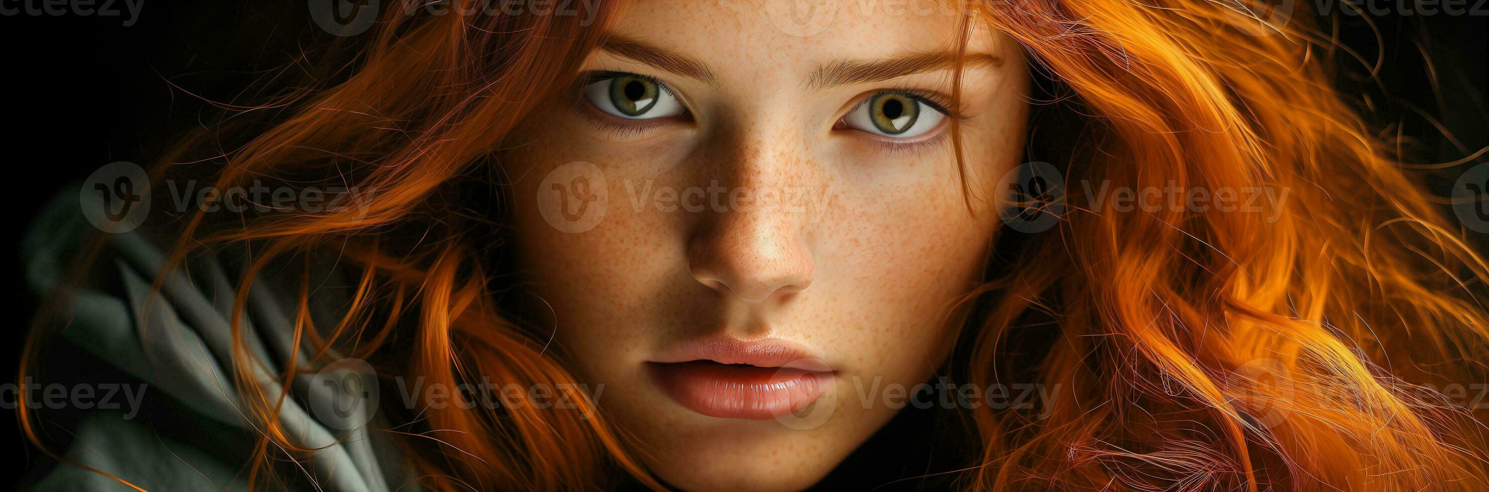 AI generated close up portrait of young red haired woman with freckles photo