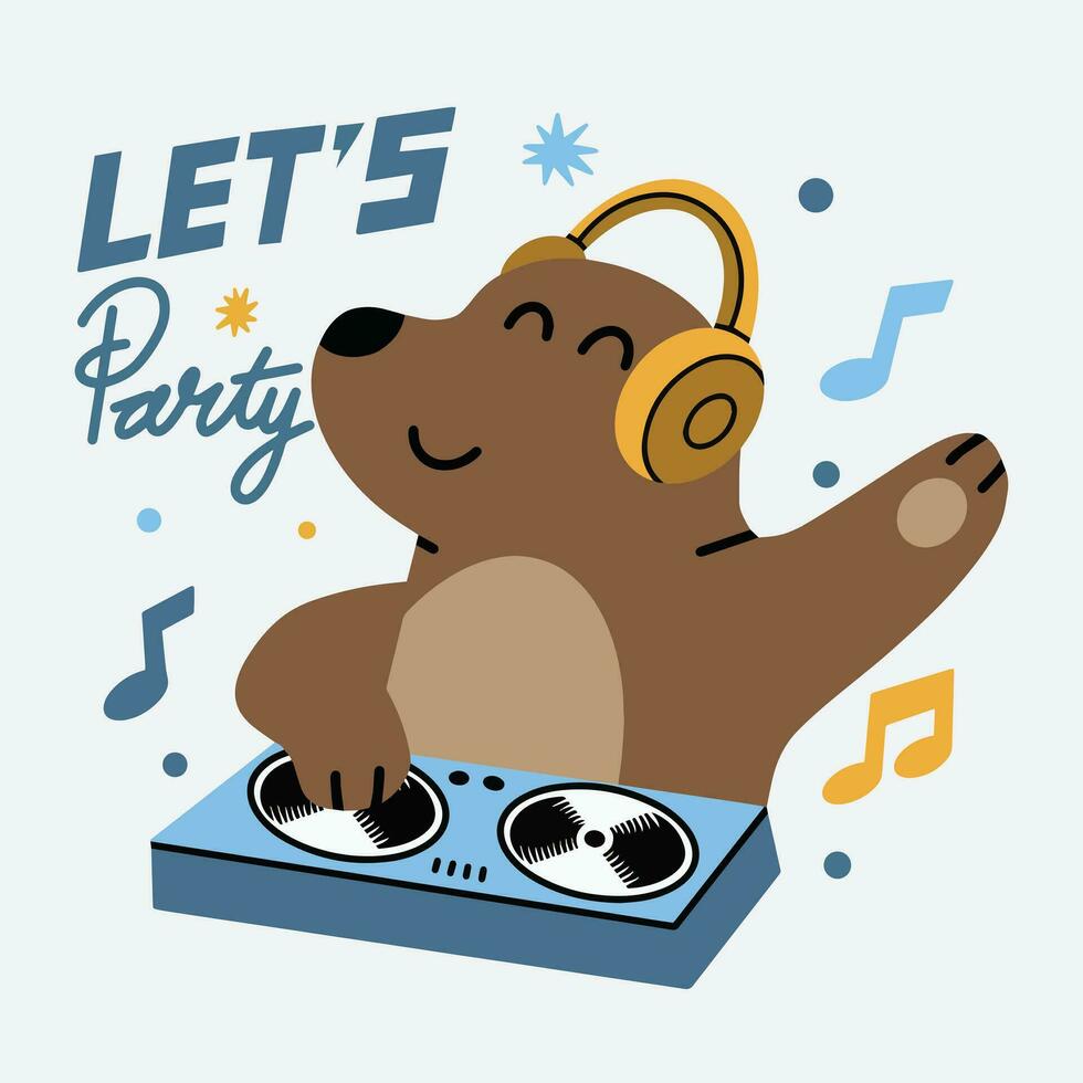 linda oso jugando DJ música vector