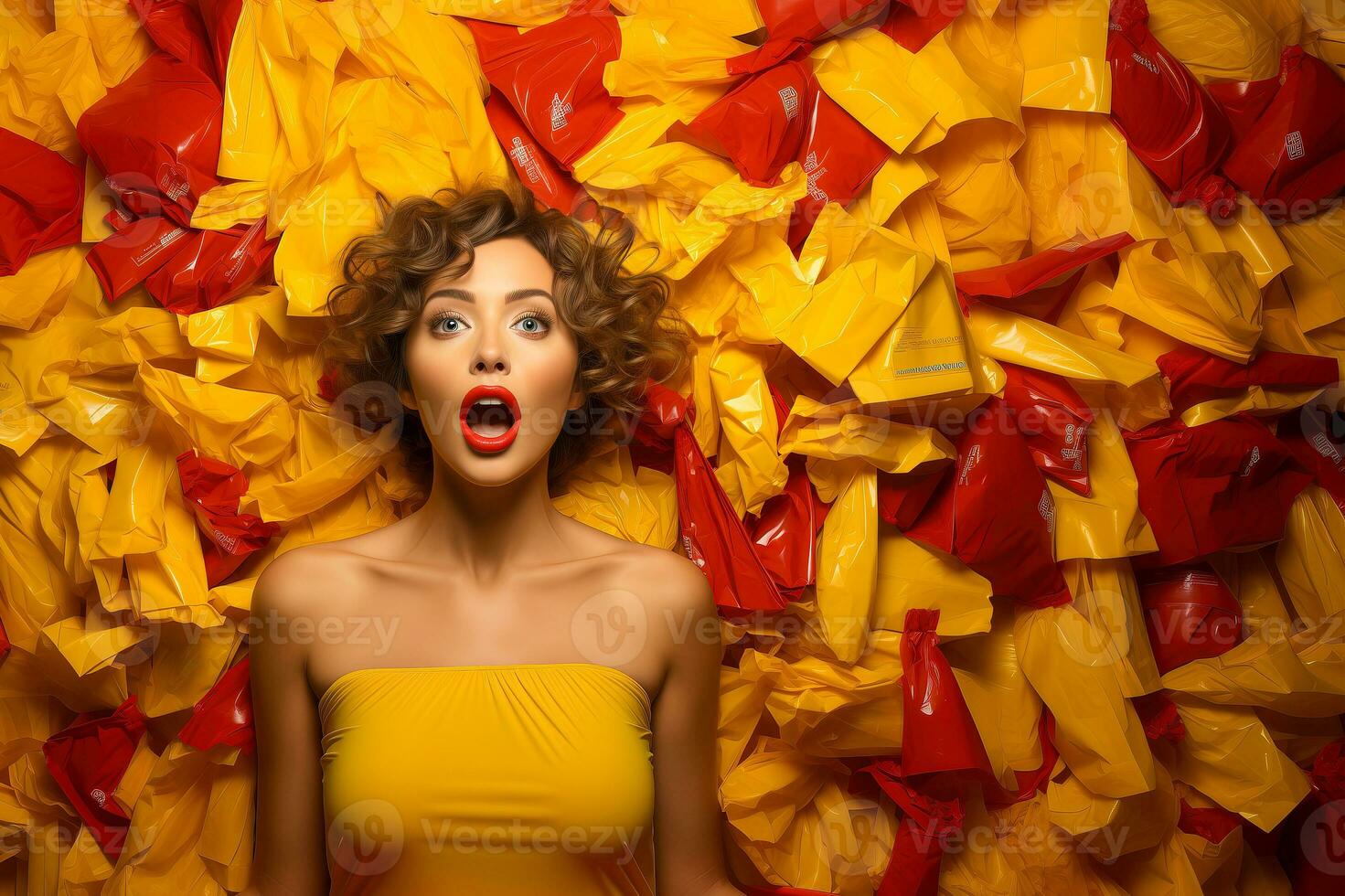 AI generated Portrait of a young attractive girl in a yellow top against a background of plastic bags. photo