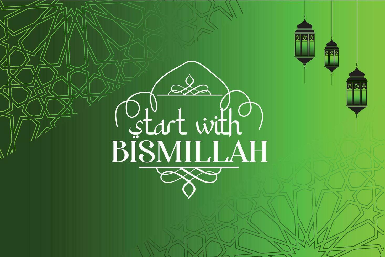 Start with Bismillah islamic pattern green background with lantern. vector