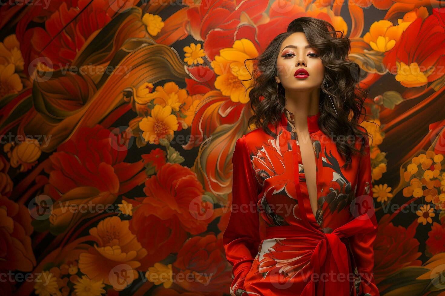 AI generated Happy Chinese New Year. Asian woman in traditional red dress. photo