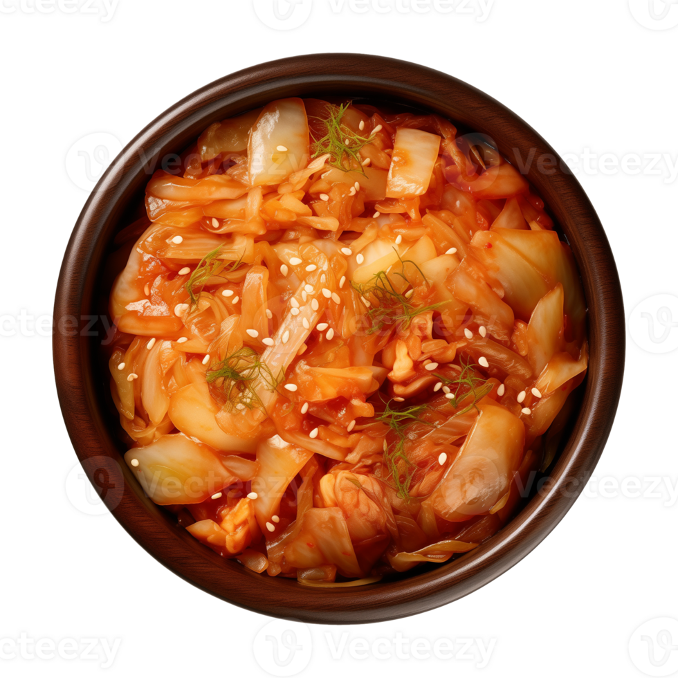 ai generiert ein Schüssel von Koreanisch Essen, Chinesisch Kohl Kimchi, oben Aussicht isoliert auf ein transparent Hintergrund png