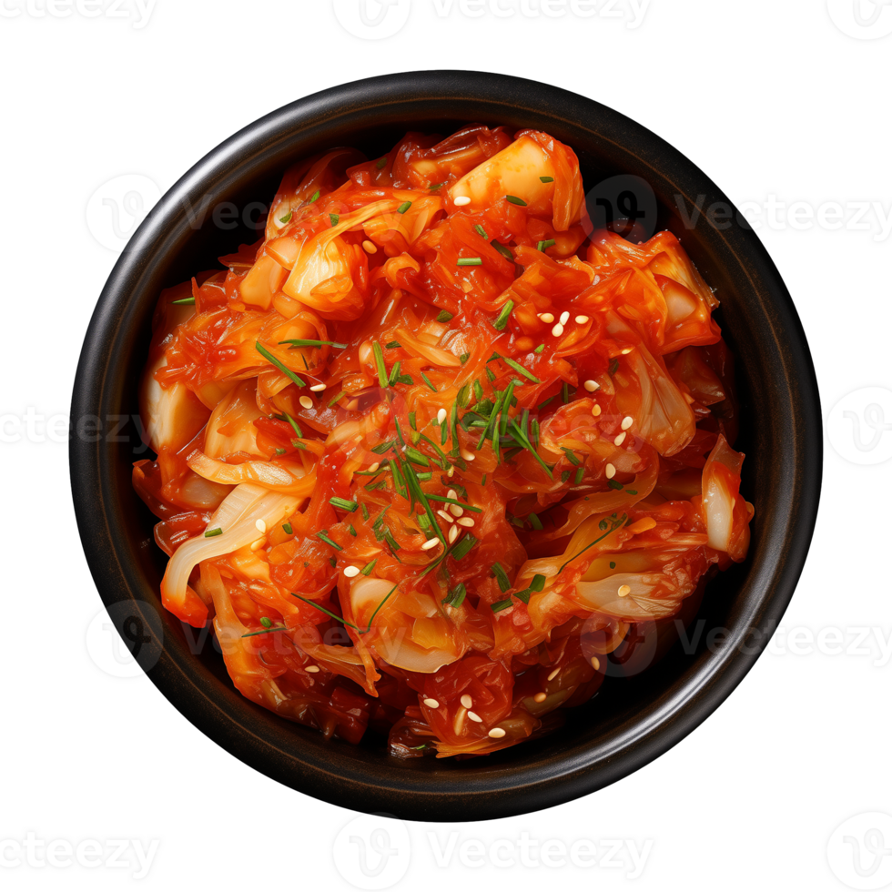 ai generiert ein Schüssel von Koreanisch Essen, Chinesisch Kohl Kimchi, oben Aussicht isoliert auf ein transparent Hintergrund png