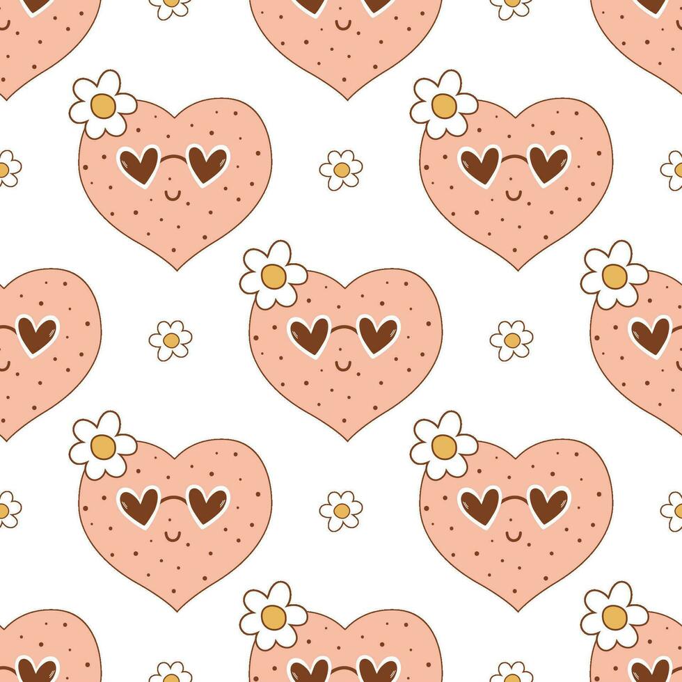 Pink groovy love seamless pattern with romantic hearts in sunglasses and daisies. Cartoon character in 70s retro style for Valentines day, wrap paper, wedding, vector funky repeat background.