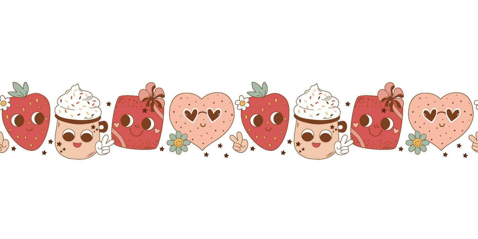 Pink groovy romantic seamless long border. 1970 retro characters - heart with eyes, strawberry, y2k funky cup of coffee. Hippie Valentines day banner. Vector seventies cool illustration.