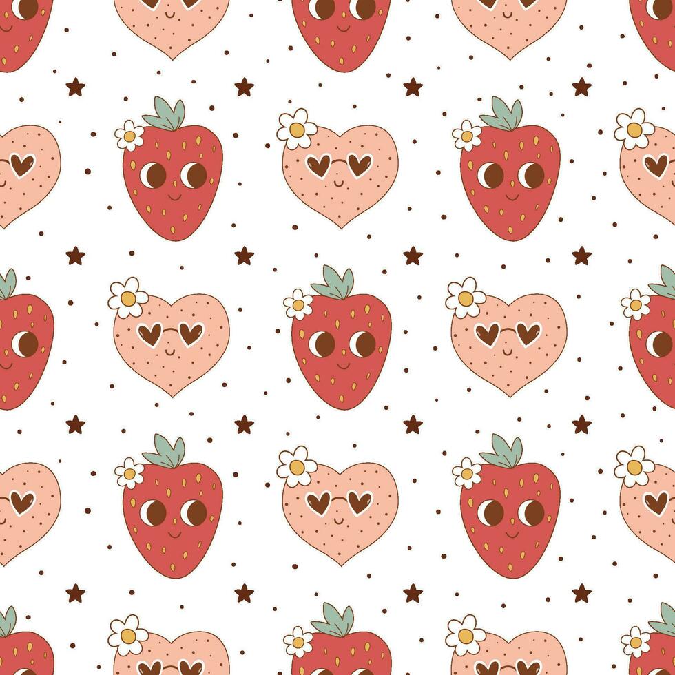 Pink groovy love seamless pattern with romantic hearts, hippie daisies, strawberry retro cartoon character. Vector Valentines day repeat background, wrap paper wedding design. Sweet summer berry print