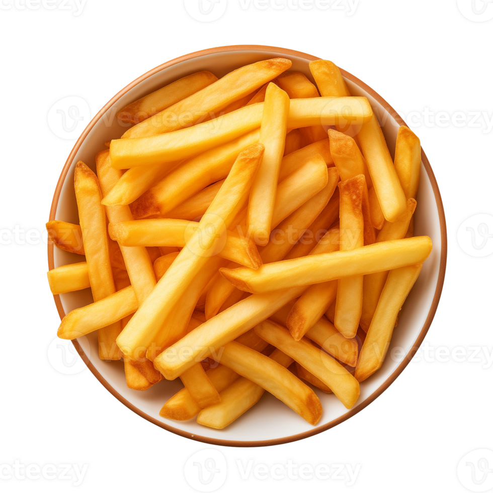 AI generated a bowl of french fries isolated on a transparent background, top view png