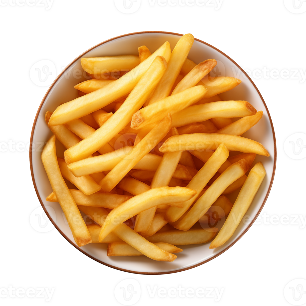 AI generated a bowl of french fries isolated on a transparent background, top view png