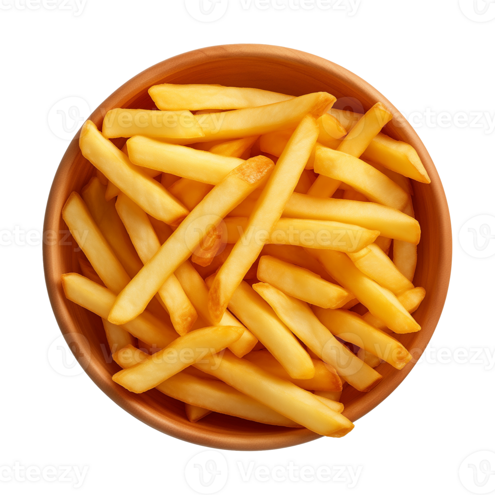 AI generated a bowl of french fries isolated on a transparent background, top view png