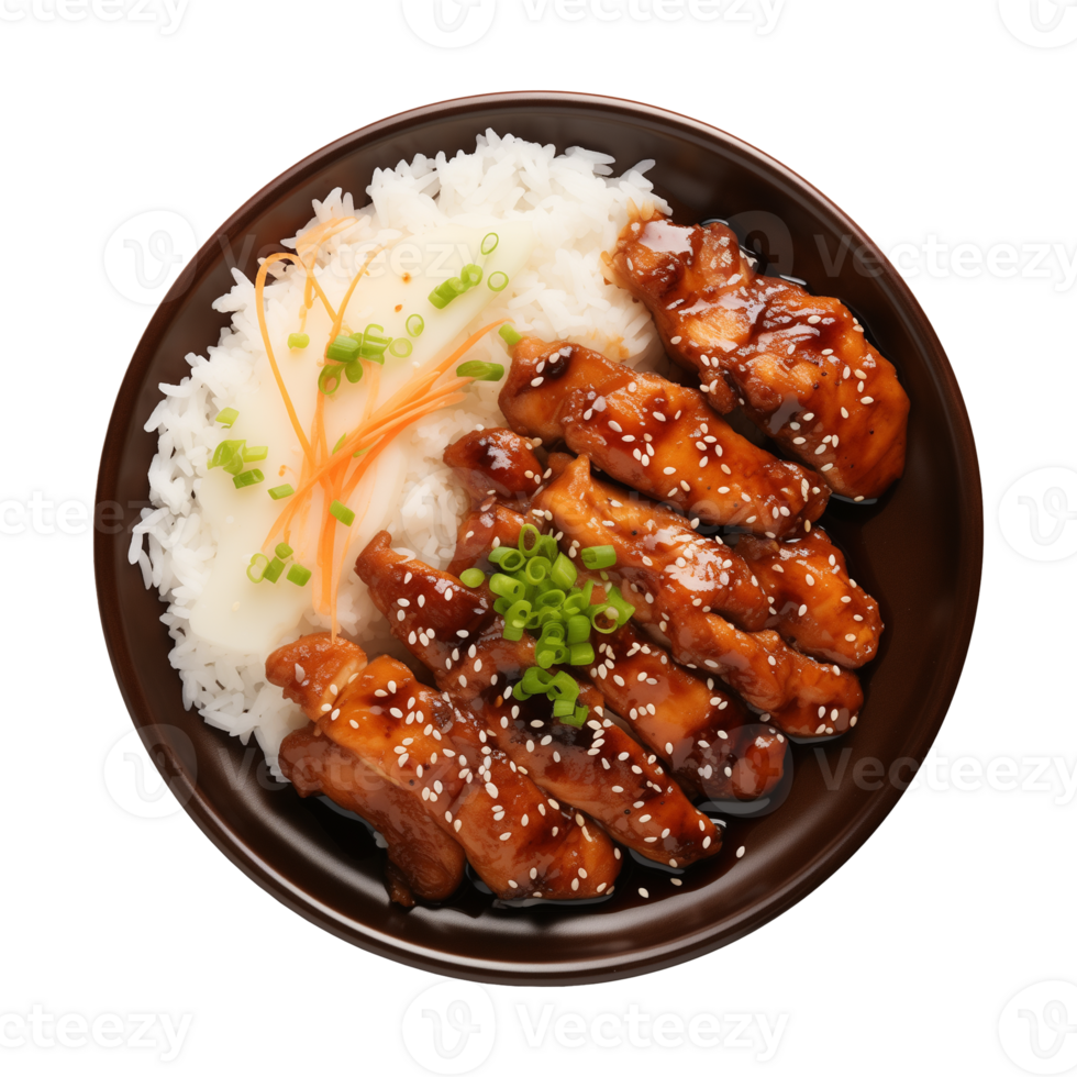 AI generated A plate of teriyaki chicken with rice isolated on a transparent background, top view png