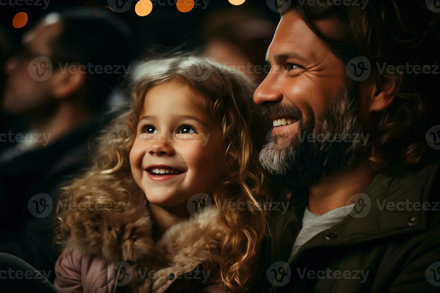 AI generated A fun family is watching a movie at the theater. A father and his daughter are spending the weekend together. photo