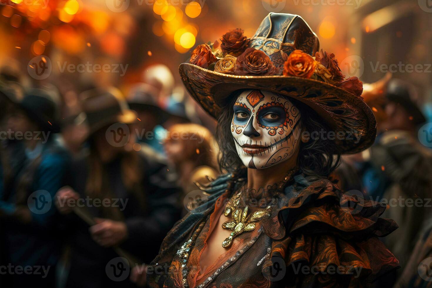 AI generated Close-up of a young woman with makeup at the Day of the Dead celebration. photo