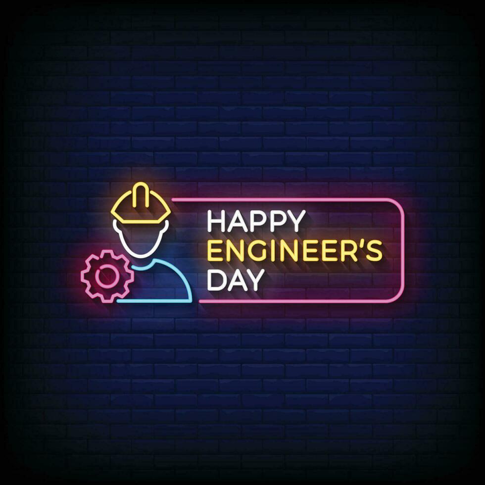 Neon Sign happy engineer day with brick wall background vector