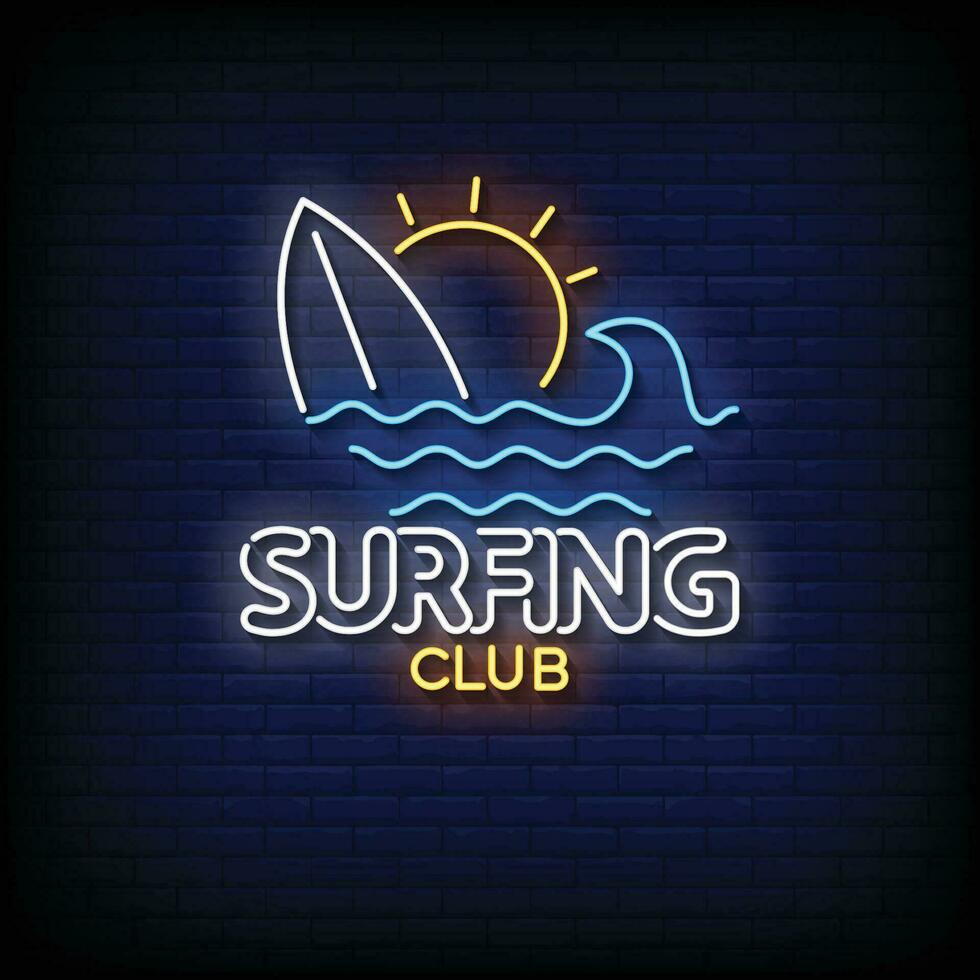 Neon Sign surfing club with brick wall background vector
