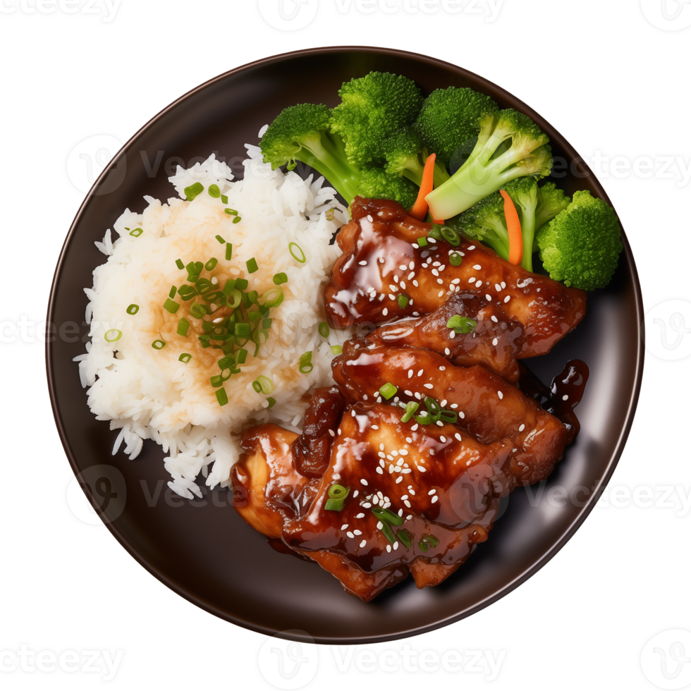 AI generated A plate of teriyaki chicken with rice isolated on a transparent background, top view png